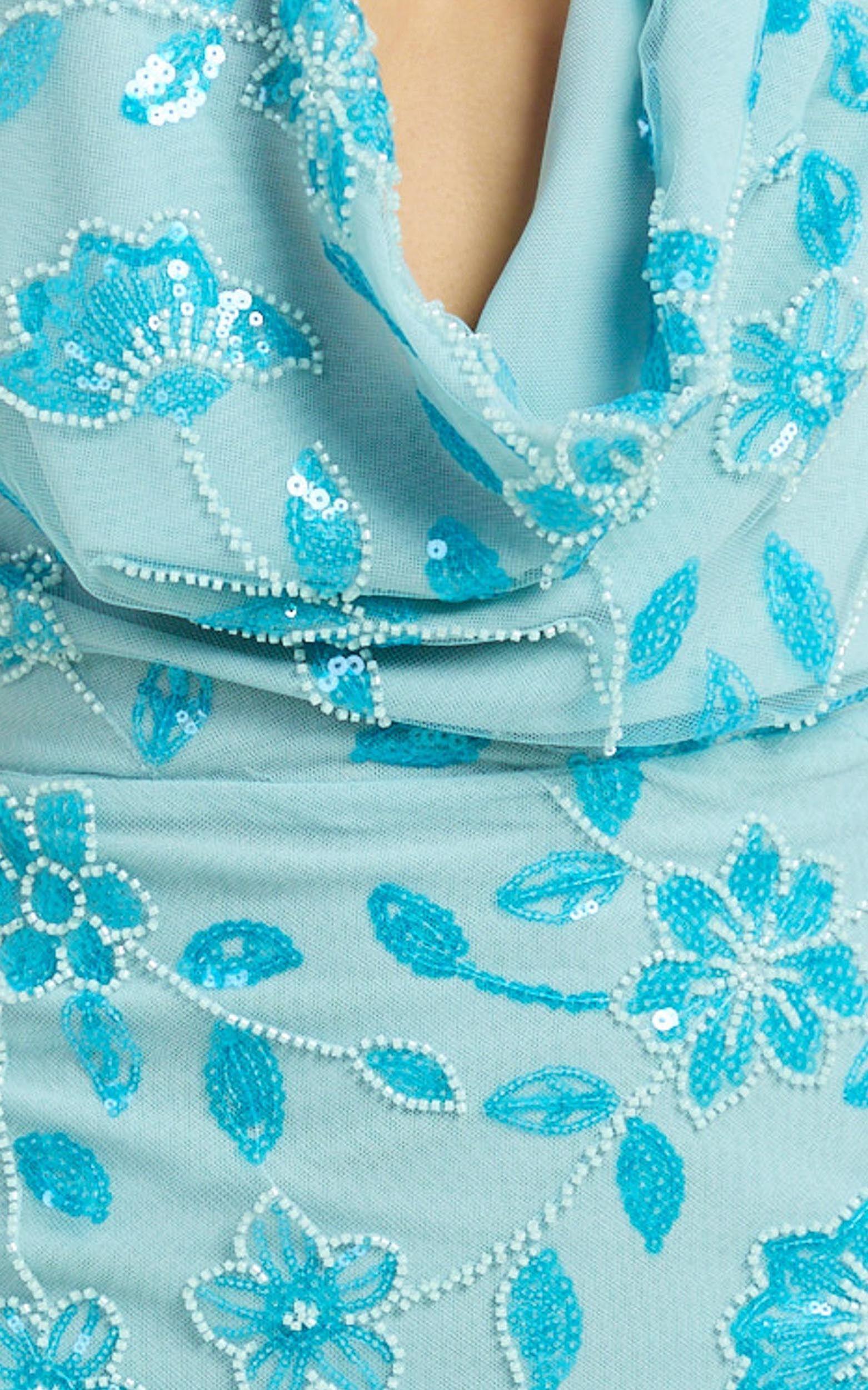 Poppy Mini Dress - Cowl Neck Backless Fitted Skirt Sequin Mesh Dress in Blue Product Image