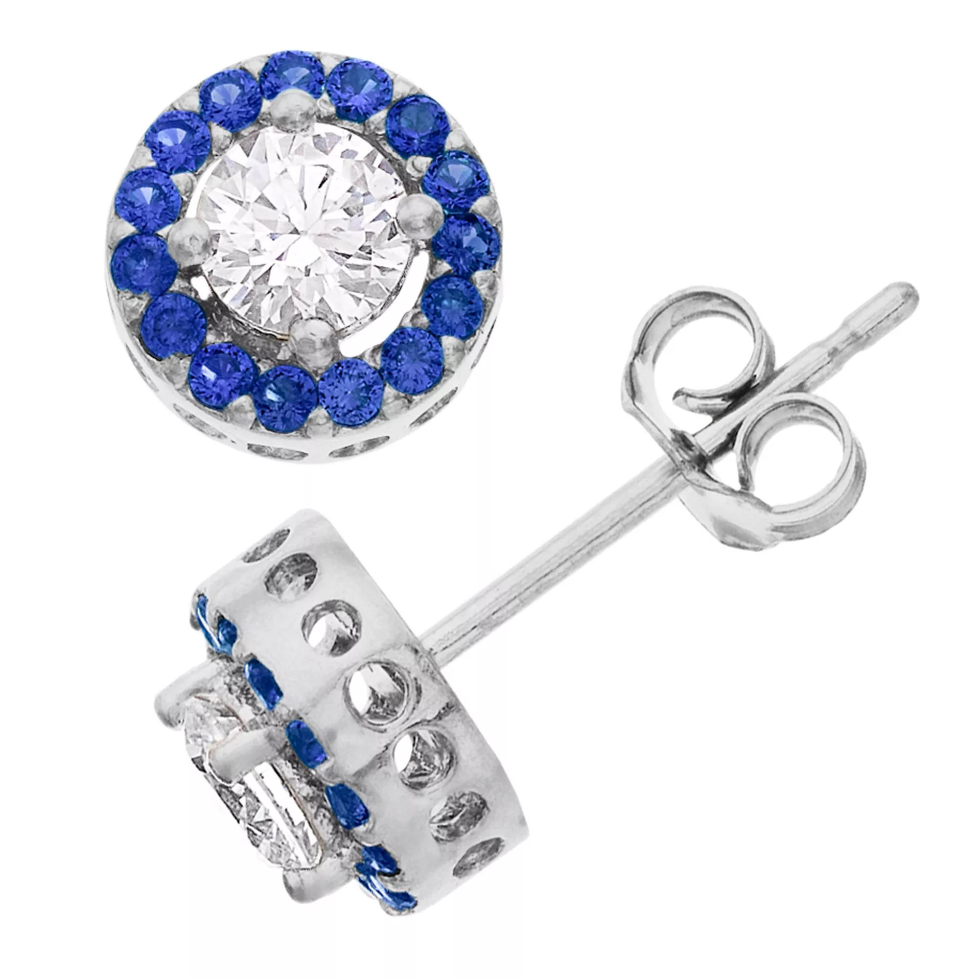 Aleure Precioso Sterling Silver Lab-Created Gemstone & Cubic Zirconia Halo Stud Earrings, Women's, Sterling Silver Blue Product Image