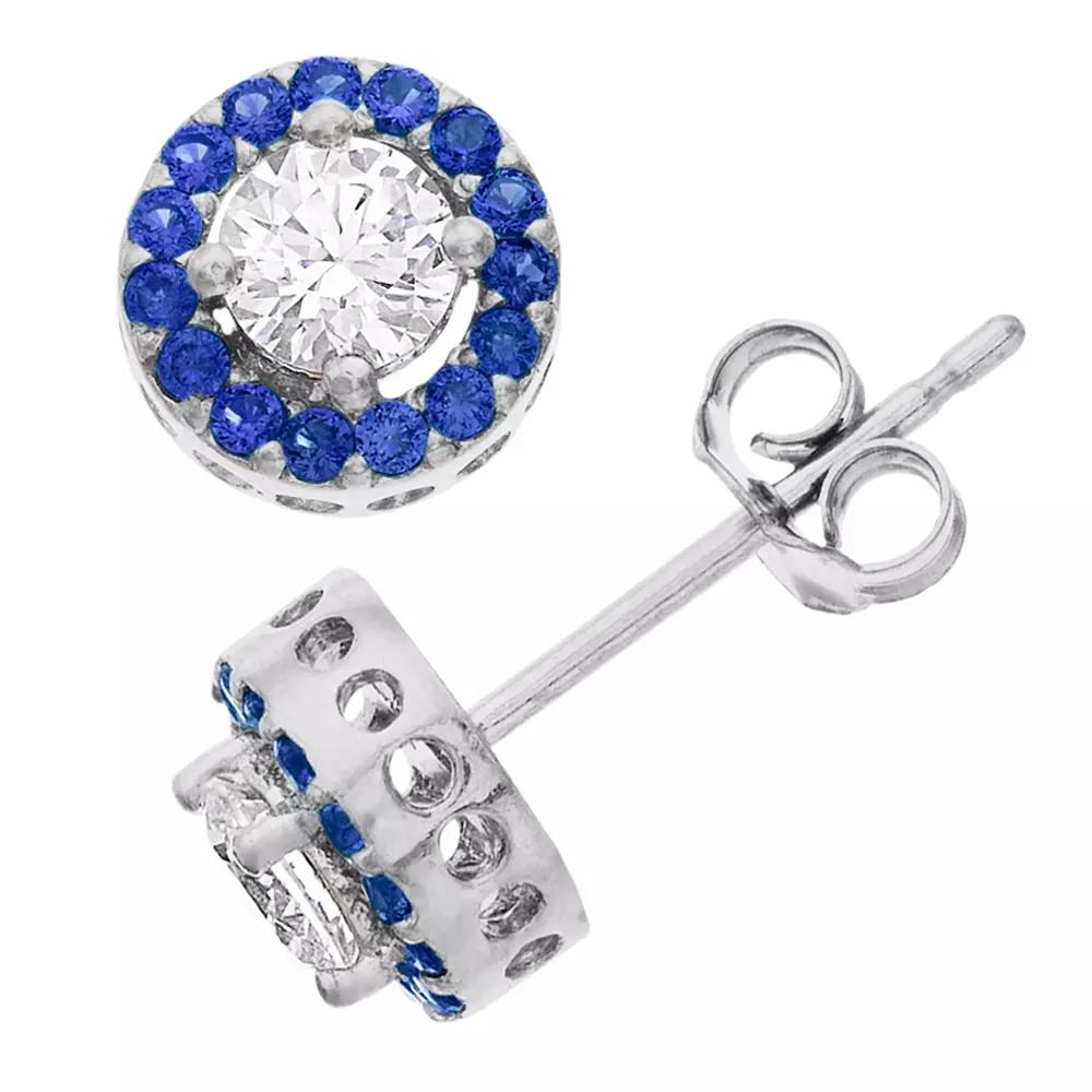 Aleure Precioso Sterling Silver Lab-Created Gemstone & Cubic Zirconia Halo Stud Earrings, Women's, Sterling Silver Blue Product Image