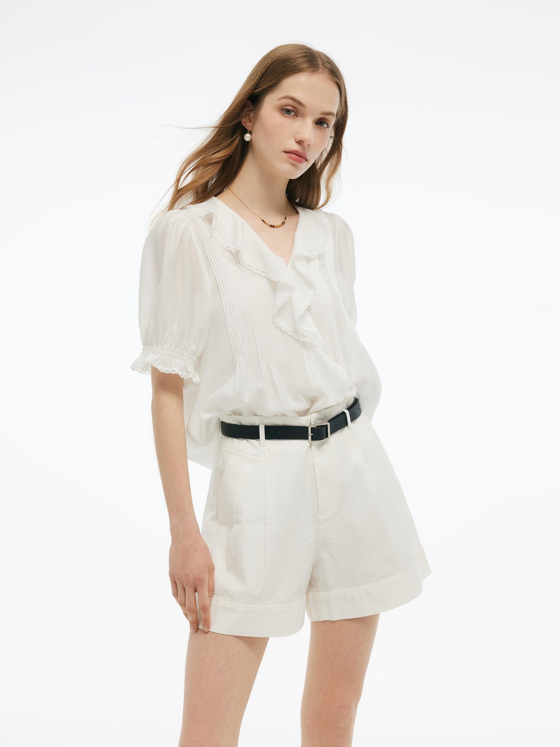 Acetate Blend Ruffle V-Neck Women Blouse Product Image