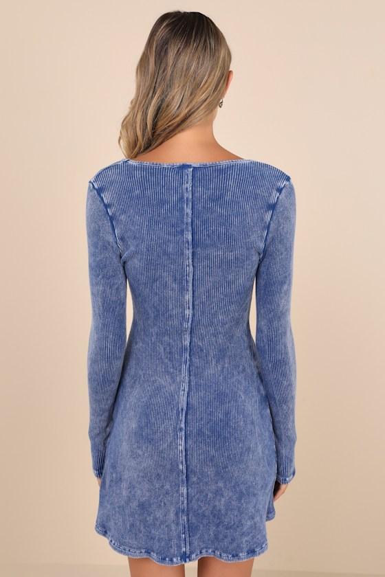 Pristine Cuteness Washed Blue Ribbed Long Sleeve Mini Dress Product Image