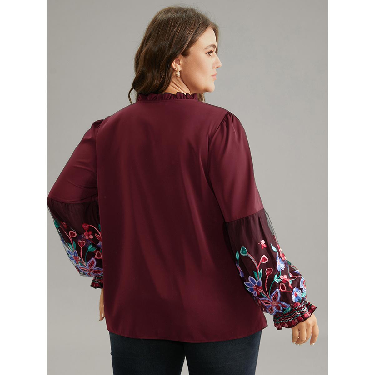 Plus Size Scarlet Floral Embroidered Mesh Tie Neck Ruffles Blouse Women Elegant Long Sleeve Tie Neck Party Blouses BloomChic 10/M Product Image
