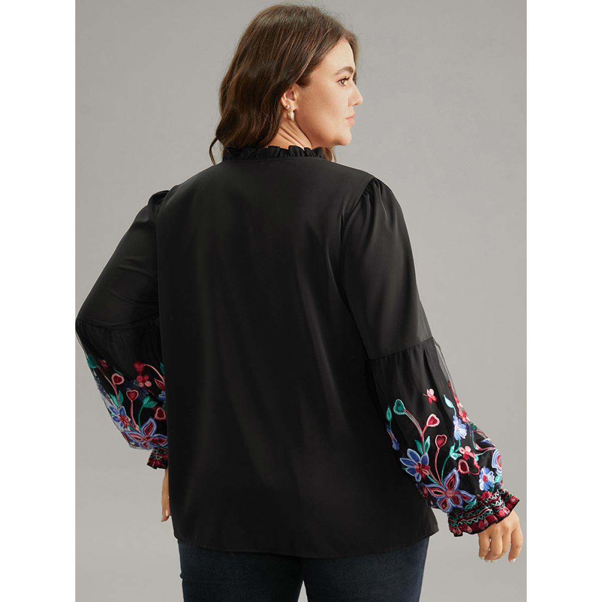 Plus Size Black Floral Embroidered Mesh Tie Neck Ruffles Blouse Women Elegant Long Sleeve Tie Neck Party Blouses BloomChic 10/M Product Image