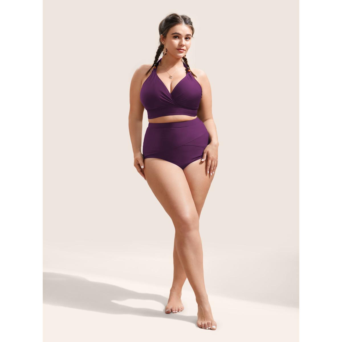 Plus Size Plain V Neck High Stretch Tie Knot Swim Top Women's Swimwear Deepred Resort Tie knot High stretch Skinny Overlap Collar Curve Swim Tops BloomChic 30/6X Product Image