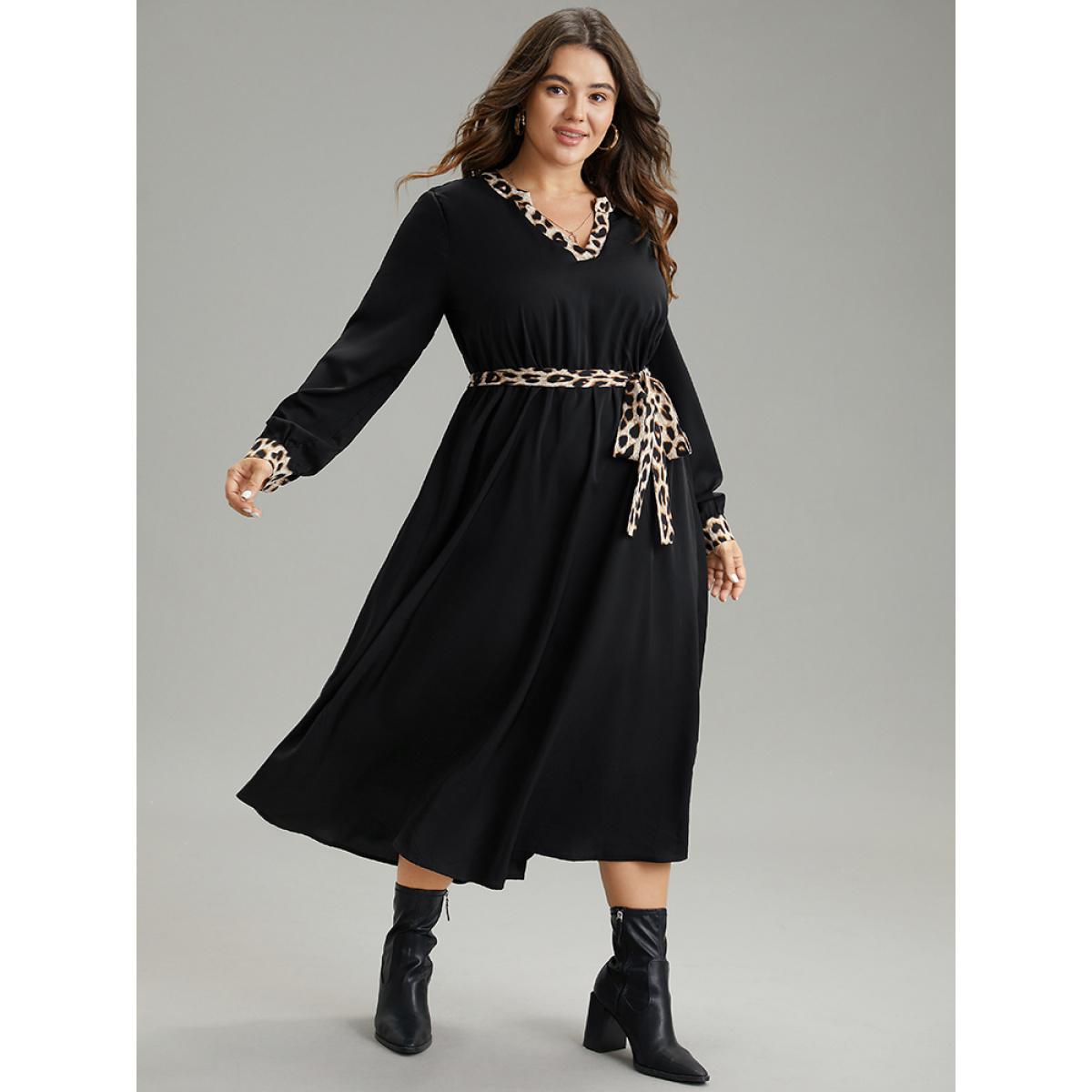 Plus Size Leopard Patchwork Pocket Belted Notched Dress Black Women Office Patchwork Notched collar Long Sleeve Curvy Midi Dress BloomChic 18-20/2X Product Image