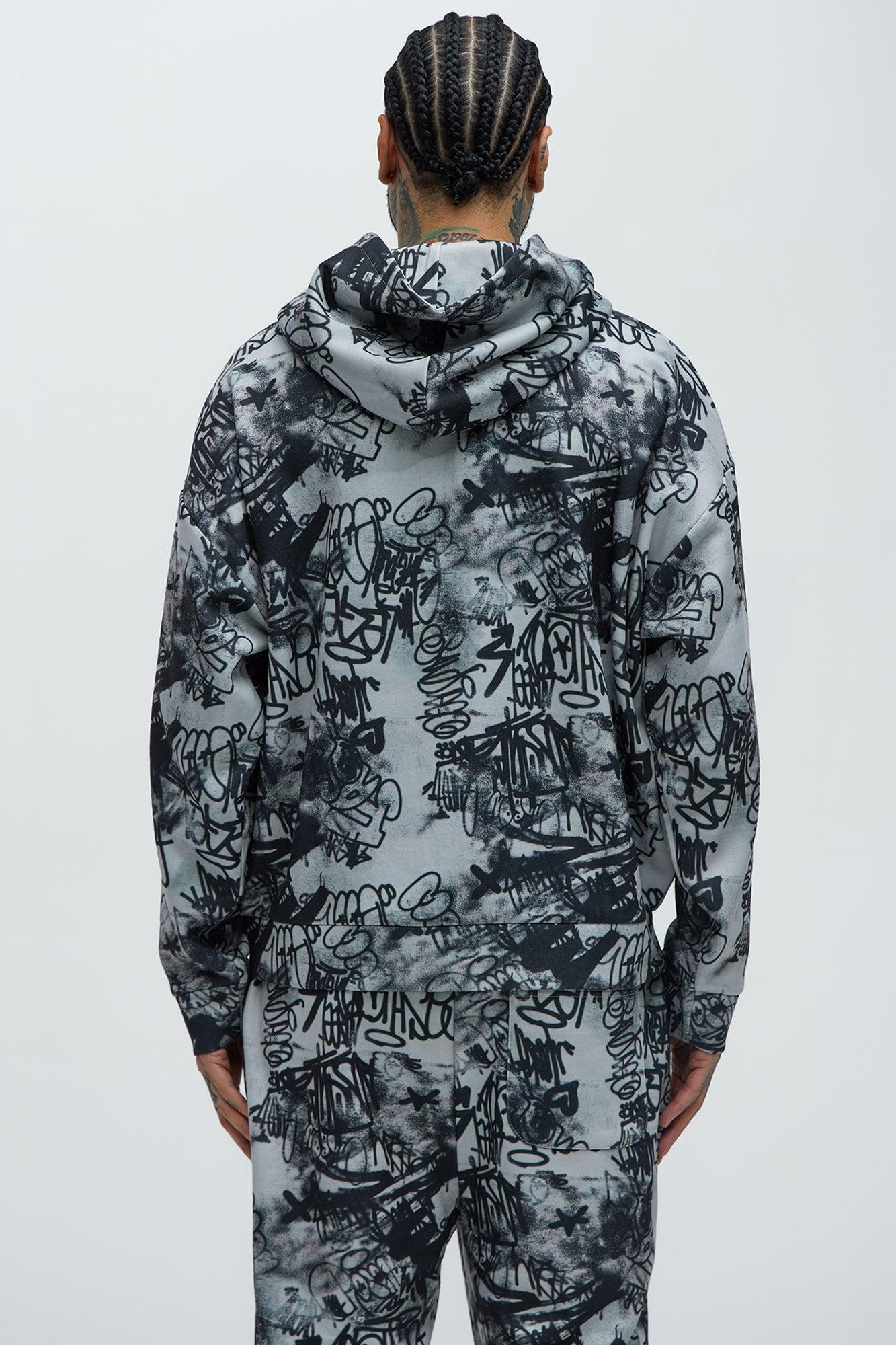 Vandal Oversized Graffiti Zip Up Hoodie - Grey Product Image