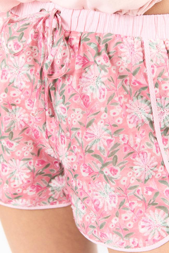 Beach Blooms Mauve Floral Embroidered Stripe Trim Pull On Shorts FINAL SALE Product Image