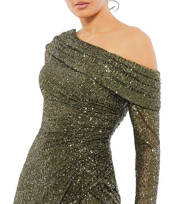 Mac Duggal Long Sleeve Asymmetric One Shoulder Ruched Thigh High Slit Sequin Midi Dress Product Image