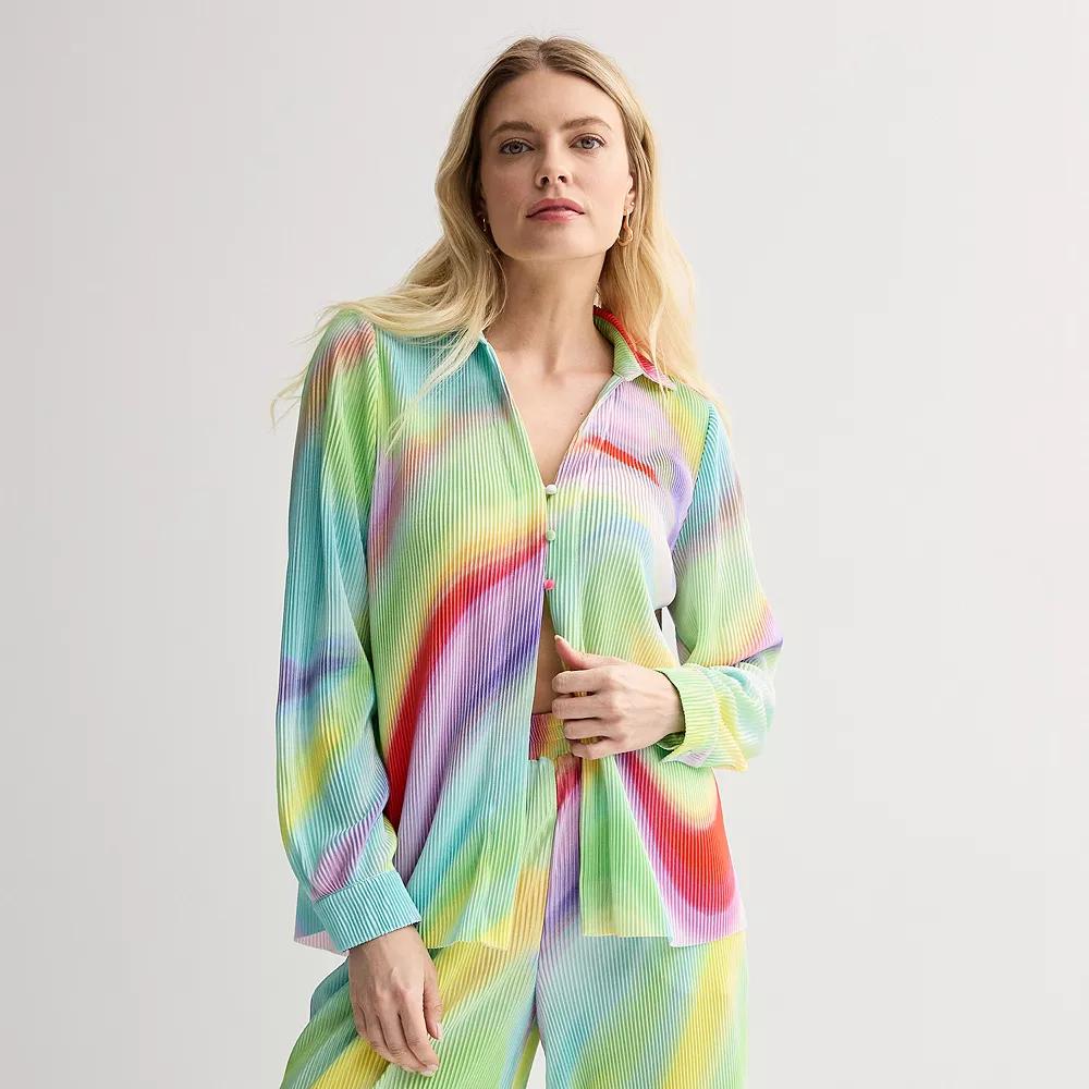 Women's INTEMPO™ Plisse Print Button Front Shirt, Size: Medium, Tie Dye Product Image