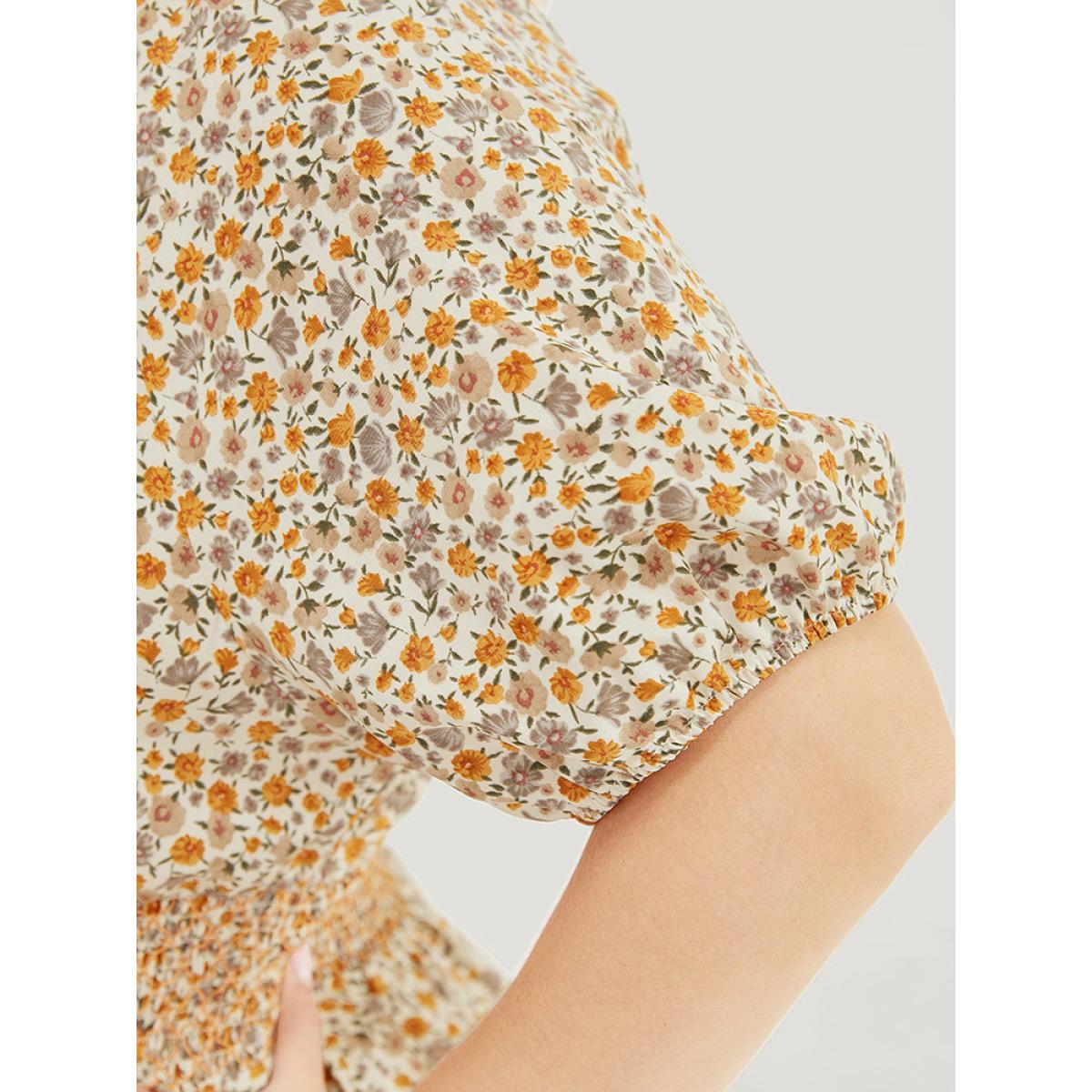 Plus Size Ditsy Floral Pocket Puff Sleeve Shirred Ruffle Trim Dress Apricot Women Elegant Gathered V-neck Short sleeve Curvy Midi Dress BloomChic 22-24/3X Product Image
