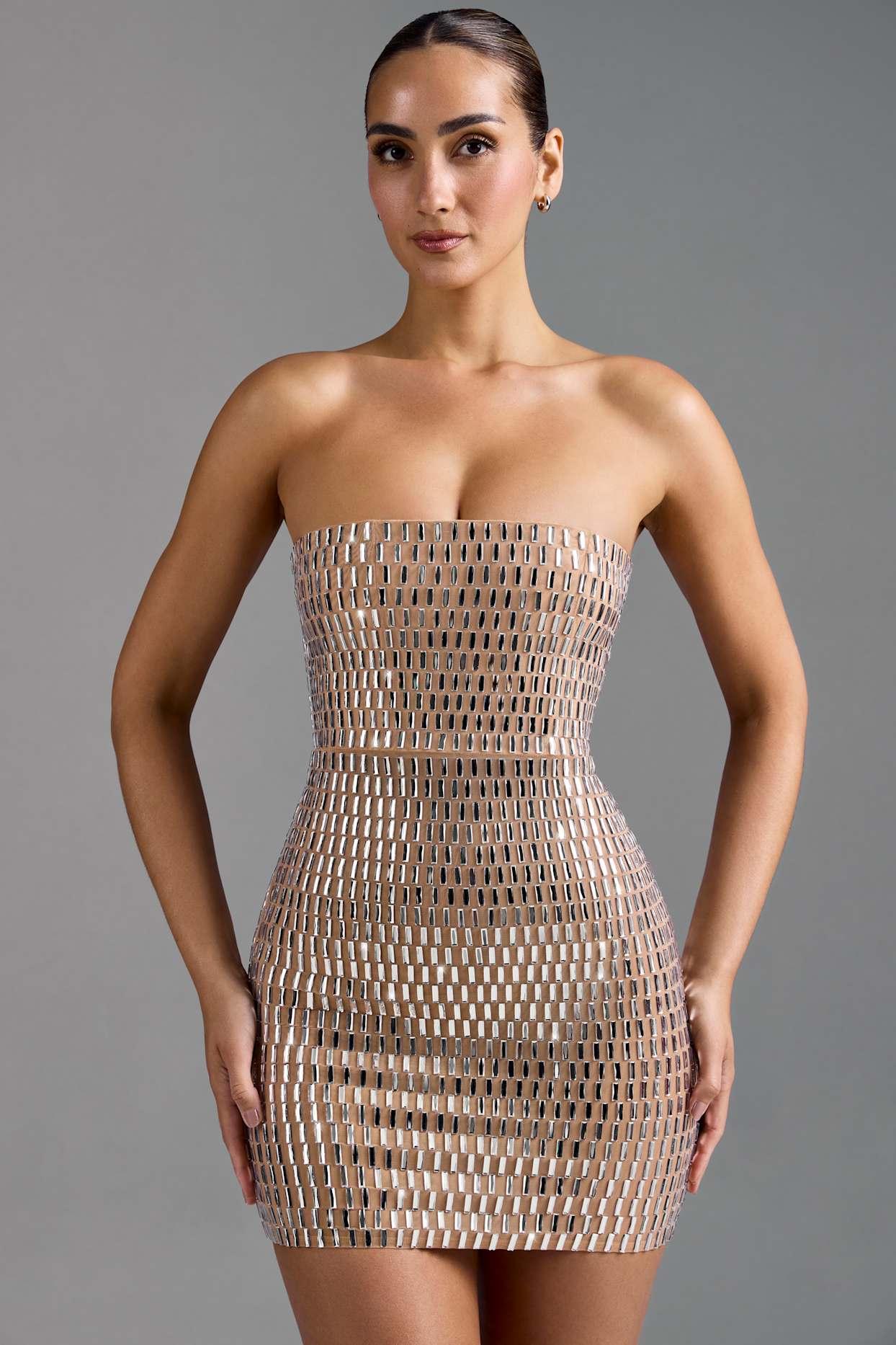 Embellished Bandeau Mini Dress in Almond Product Image