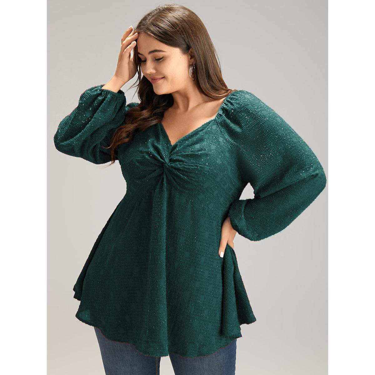 Plus Size Scarlet Solid Glitter Twist Front Gathered Blouse Women Cocktail Long Sleeve V-neck Party Blouses BloomChic 30/6X Product Image