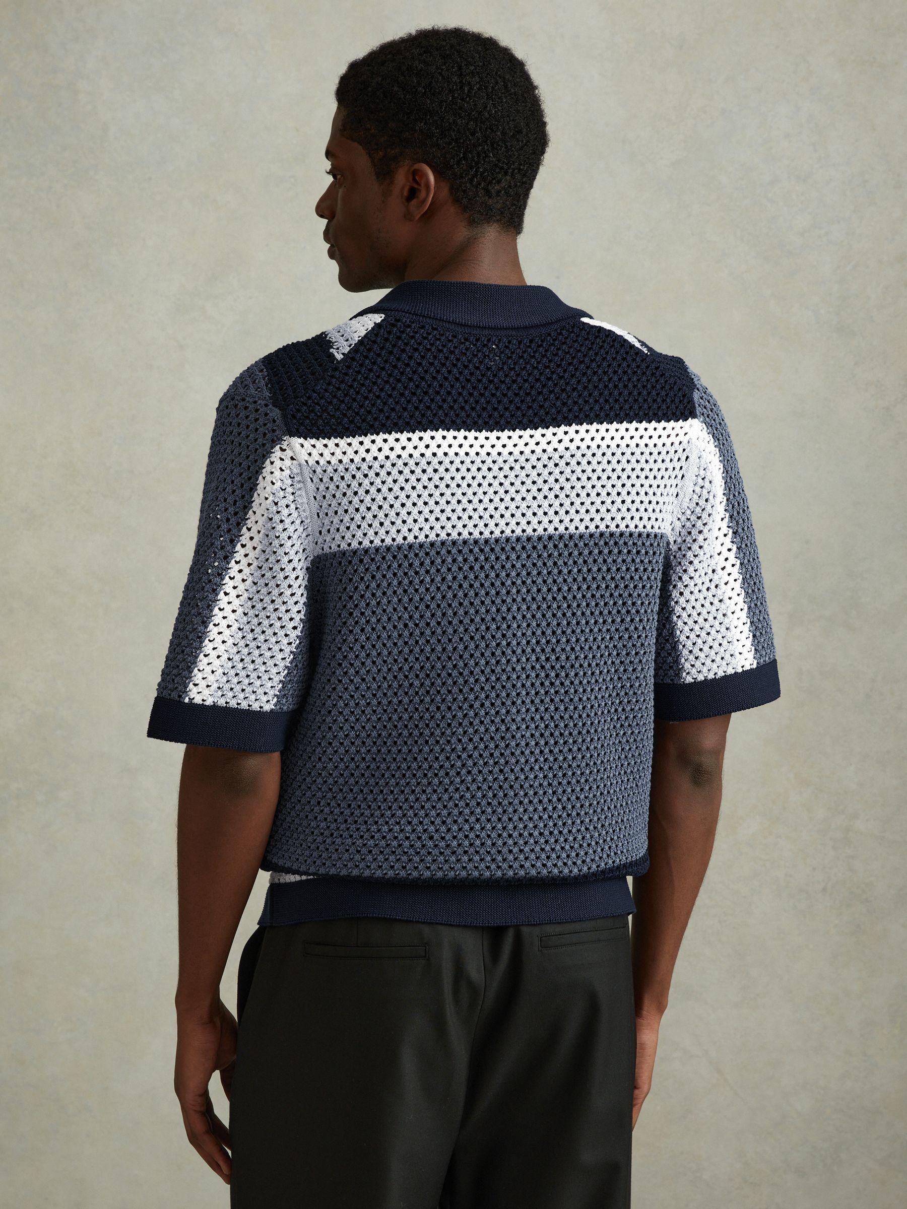 Cotton Blend Crochet Cuban Collar Shirt in Navy Multi Product Image