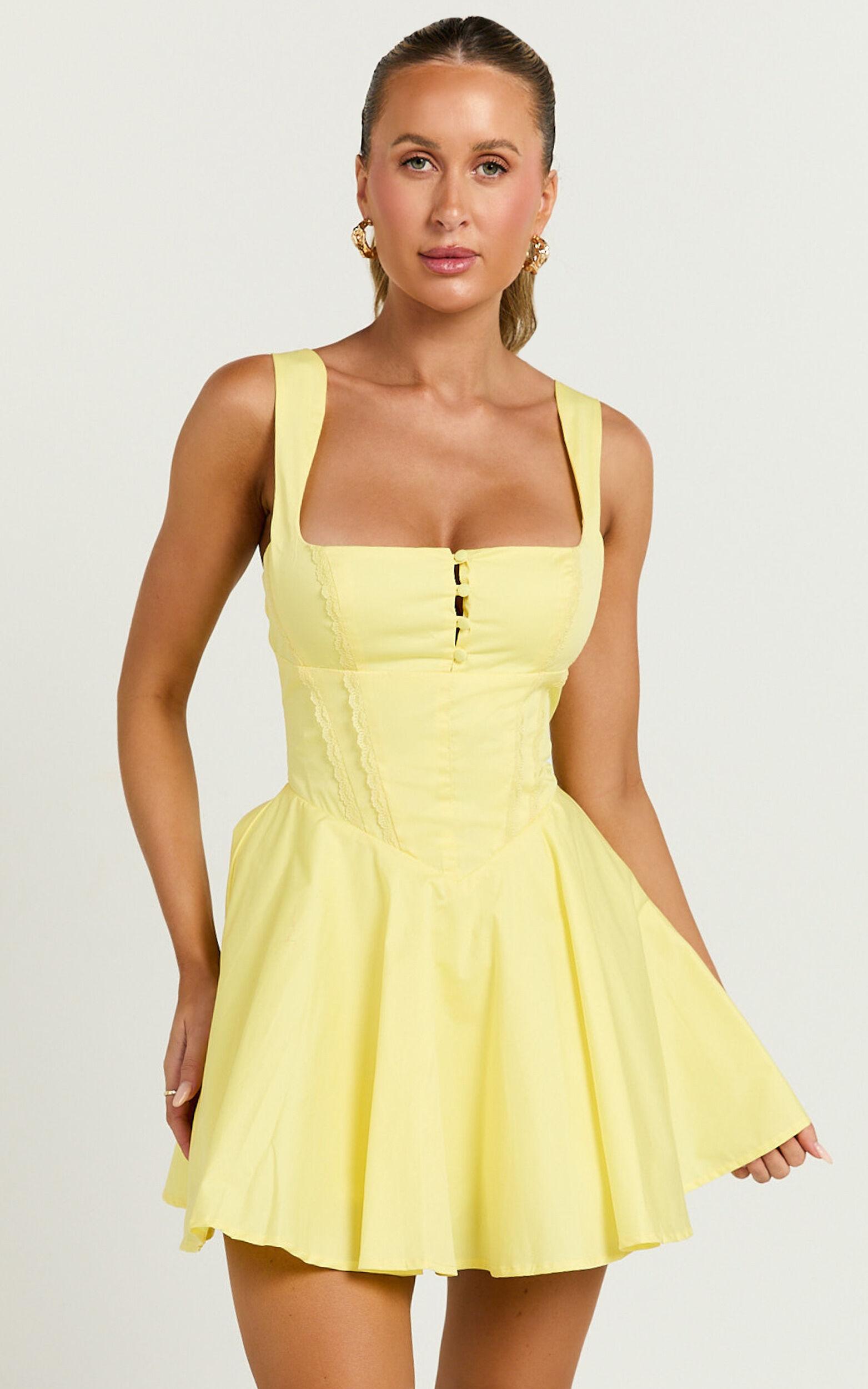 Indi Mini Dress - Square Neckline Lace Up Back Dress in Lemon Product Image