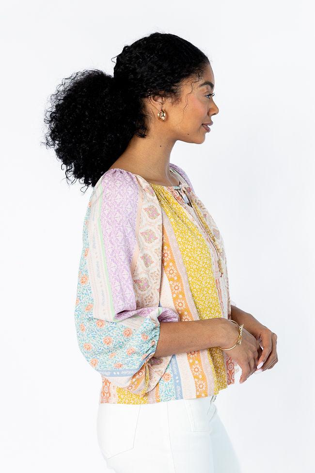 Come Along Multi Floral Patch Print Woven Pop Over Blouse FINAL SALE Product Image