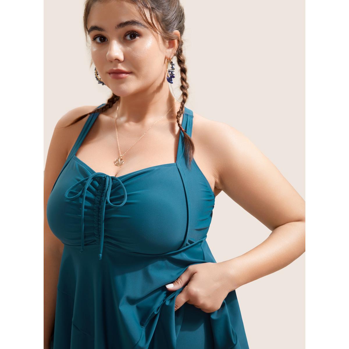 Plus Size Plain Gathered Adjustable Straps Drawstring Swim Dress Women's Swimwear Teal Beach Bodycon Heart neckline High stretch Curve Swim Dresses BloomChic 26/4X Product Image