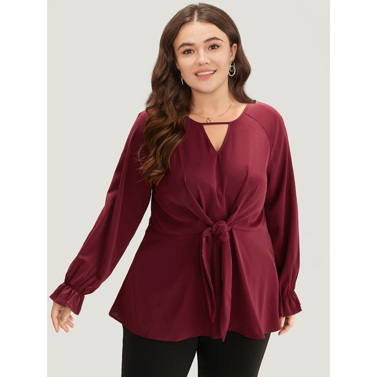 Plus Size Scarlet Anti-Wrinkle Twist Front Keyhole Ties Blouse Women Office Long Sleeve Keyhole Cut-Out Work Blouses BloomChic 18-20/2X Product Image