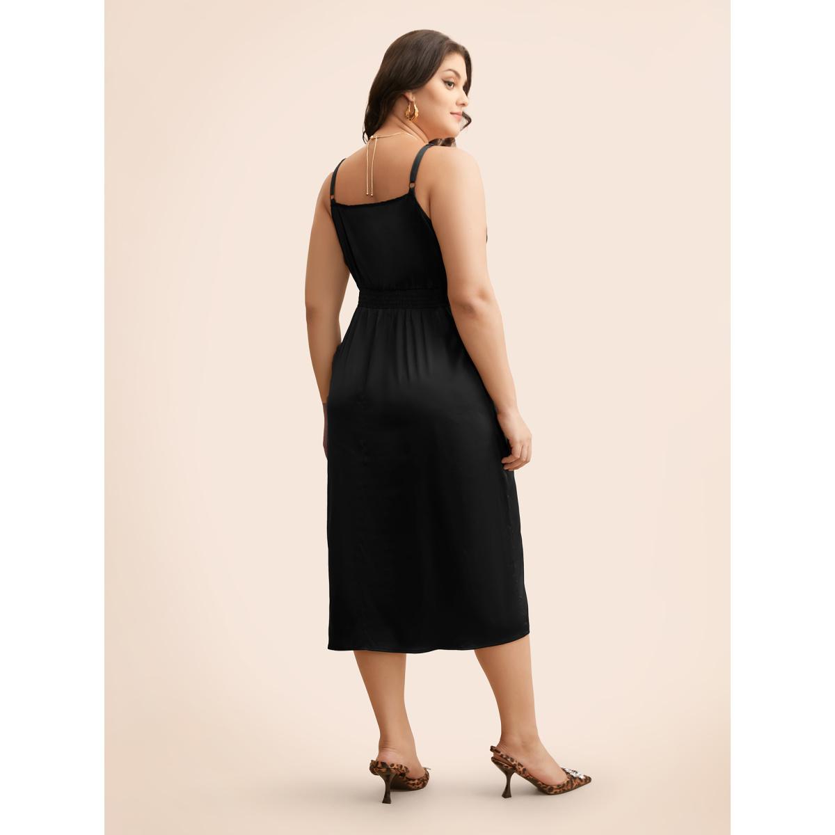 Plus Size Lace Panel Shirred Cami Dress Black Women Elegant Woven ribbon&lace trim V-neck Sleeveless Curvy BloomChic 22-24/3X Product Image