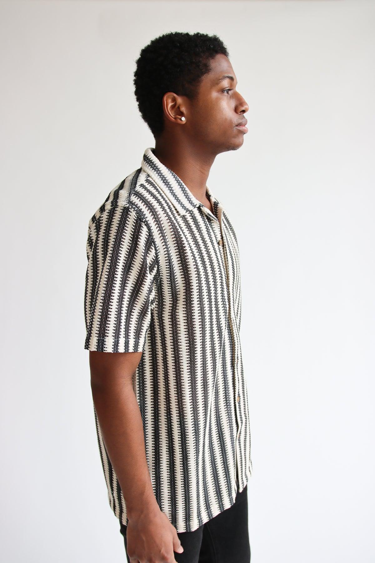 Lightweight Striped Open Knit Button Up Shirt Product Image