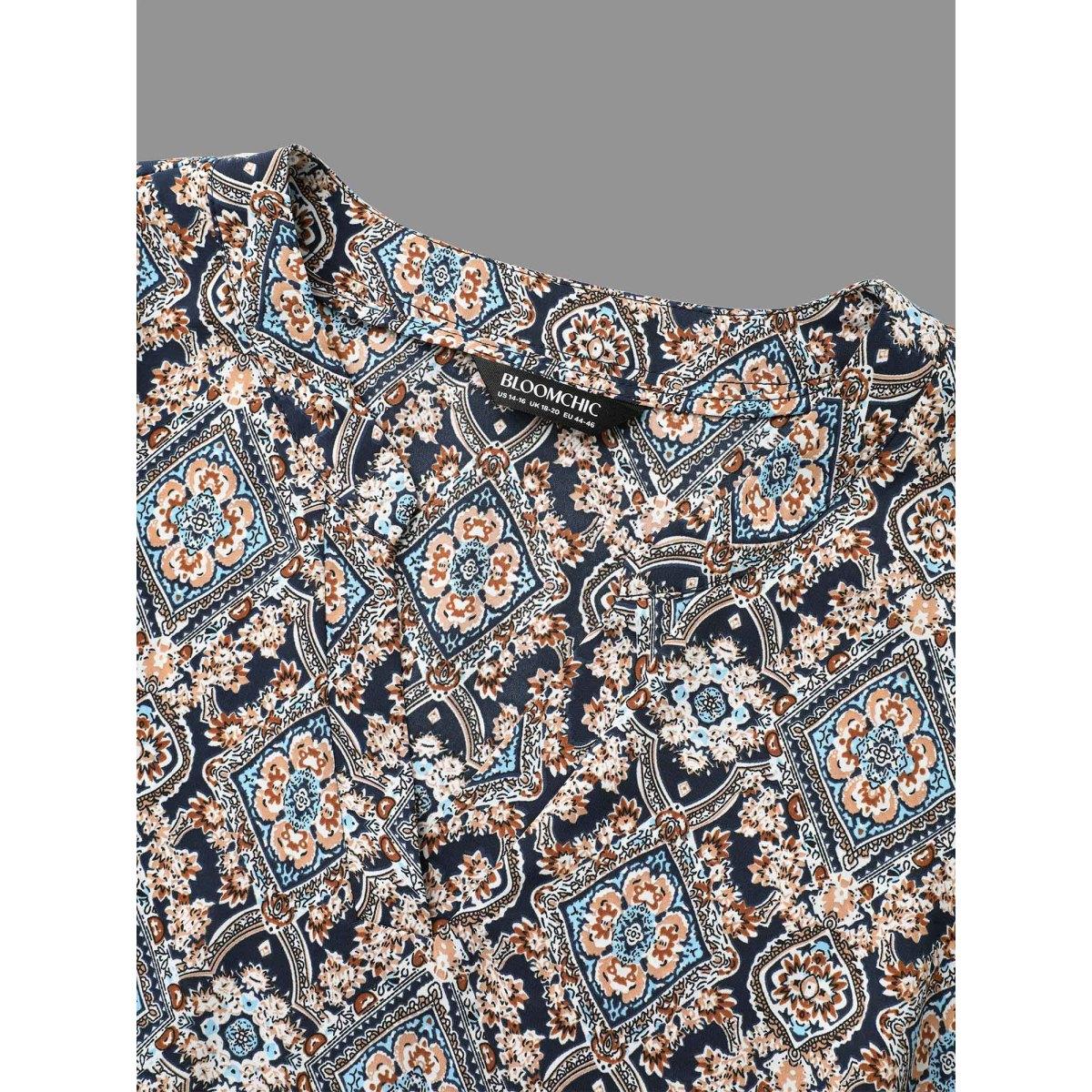 Plus Size Indigo Boho Print Notched Collar Slit Hem Blouse Women Elegant Long Sleeve Notched collar Everyday Blouses BloomChic 18-20/2X Product Image