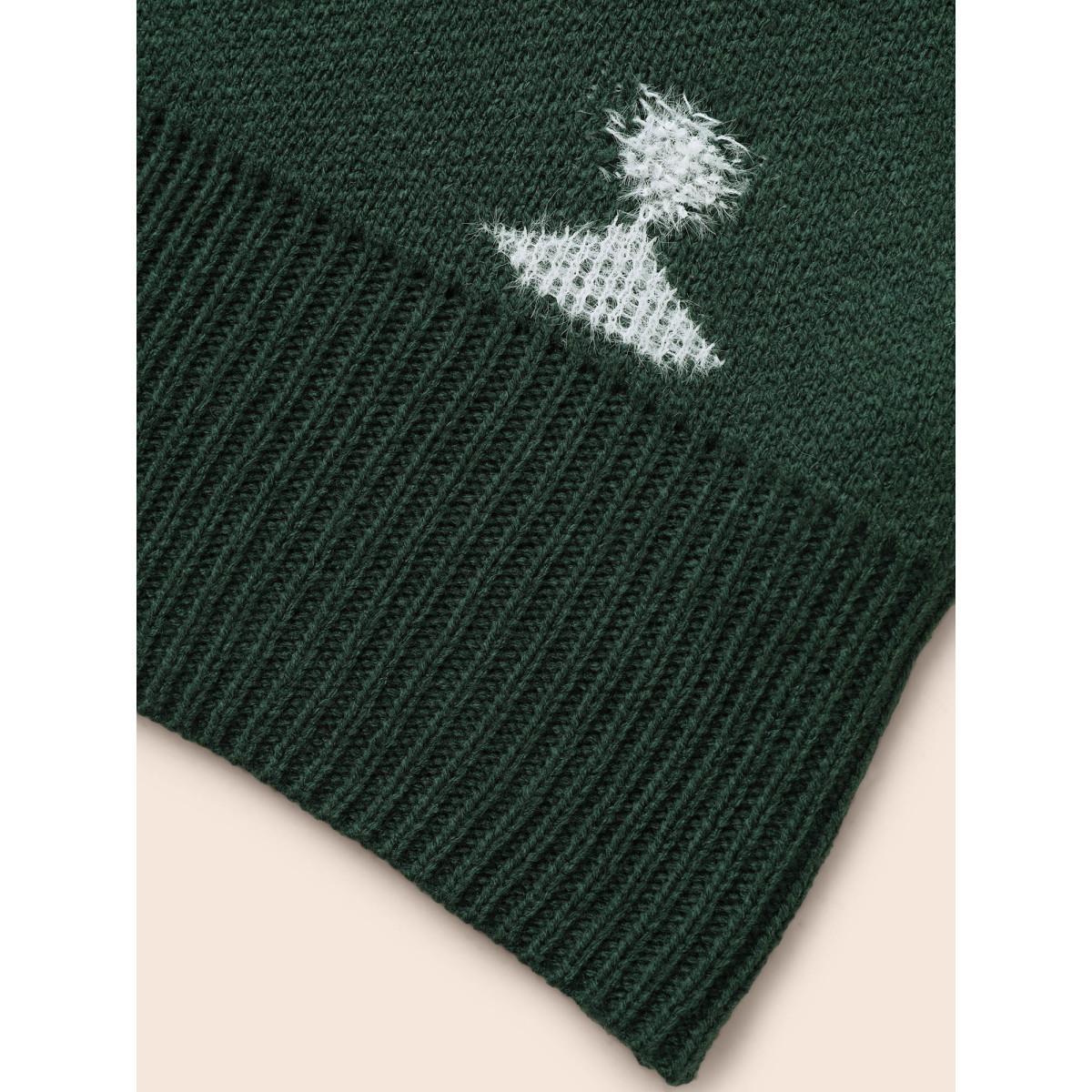 Plus Size Festive Trees Ribbed Detailing Pullover DarkGreen Women Casual Loose Long Sleeve Round Neck Everyday Pullovers BloomChic 18-20/2X Product Image