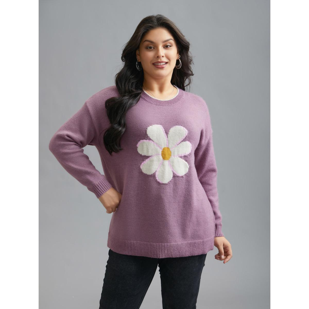 Plus Size Floral Textured Crew Neck Pullover Lilac Women Casual Loose Long Sleeve Round Neck Everyday Pullovers BloomChic 14-16/1X Product Image