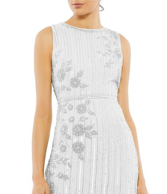 Mac Duggal Sleeveless Floral Beaded Striped Sequin Sheath Midi Dress Product Image