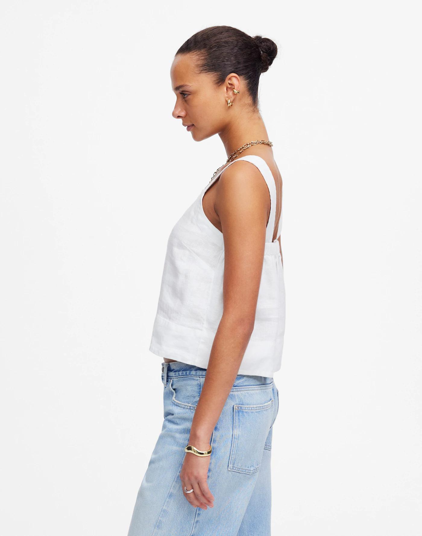 Contrast-Stitch Squareneck Top in 100% Linen Product Image