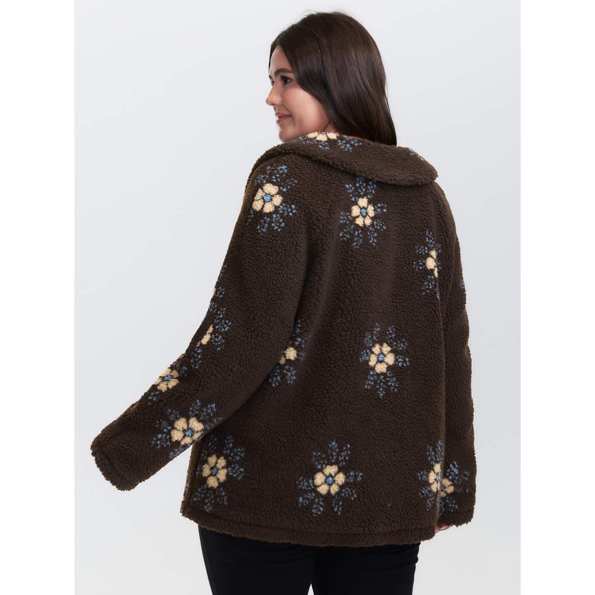 Plus Size Fluffy Floral Pattern Pocket Coat Women Multicolor Leisure Button Ladies Casual Winter Coats BloomChic 12/L Product Image