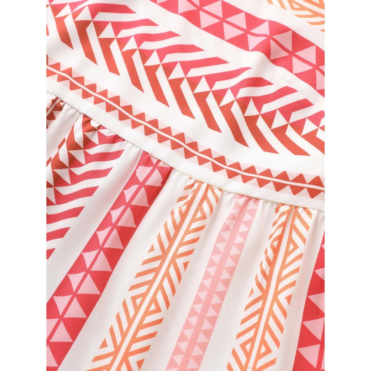 Plus Size White V Neck Geometric Patchwork Ruffles Blouse Women Resort Half Sleeve V-neck Vacation Blouses BloomChic 12/L Product Image