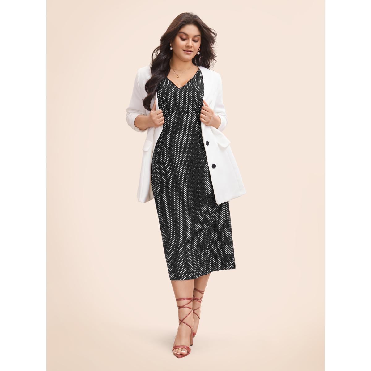 Plus Size V Neck Polka Dot Midi Dress Black Women Elegant Gathered V-neck Sleeveless Curvy BloomChic 12/L Product Image