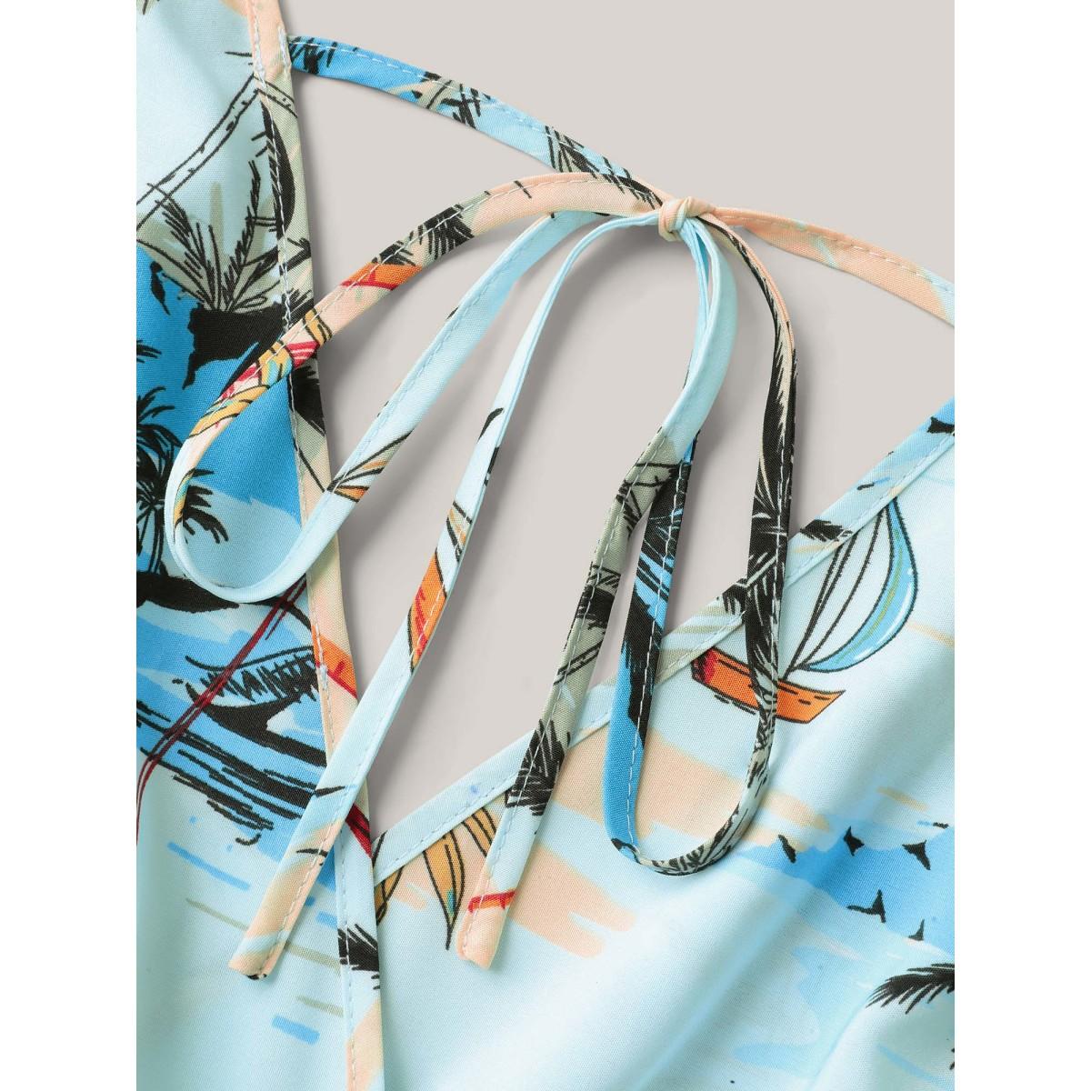 Plus Size Multicolor Tropical Print Stretchy Waist Pockets Jumpsuit Women Sleeveless Overlap Collar Vacation Loose Jumpsuits BloomChic 10/M Product Image