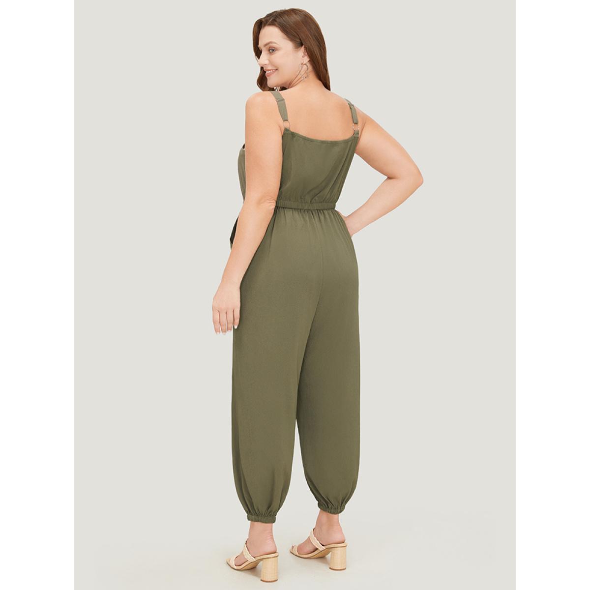 Plus Size ArmyGreen Solid Pocket Zip Up Cami Jumpsuit Women Casual Sleeveless Spaghetti Strap Dailywear Loose Jumpsuits BloomChic 18-20/2X Product Image