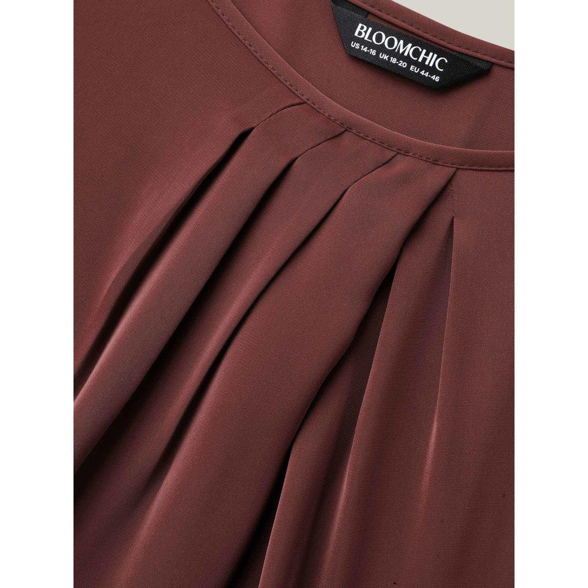 Plus Size Browncoffeecolor Solid Crew Neck Lantern Sleeve Blouse Women At the Office Long Sleeve Round Neck Office Blouses BloomChic 26/4X Product Image