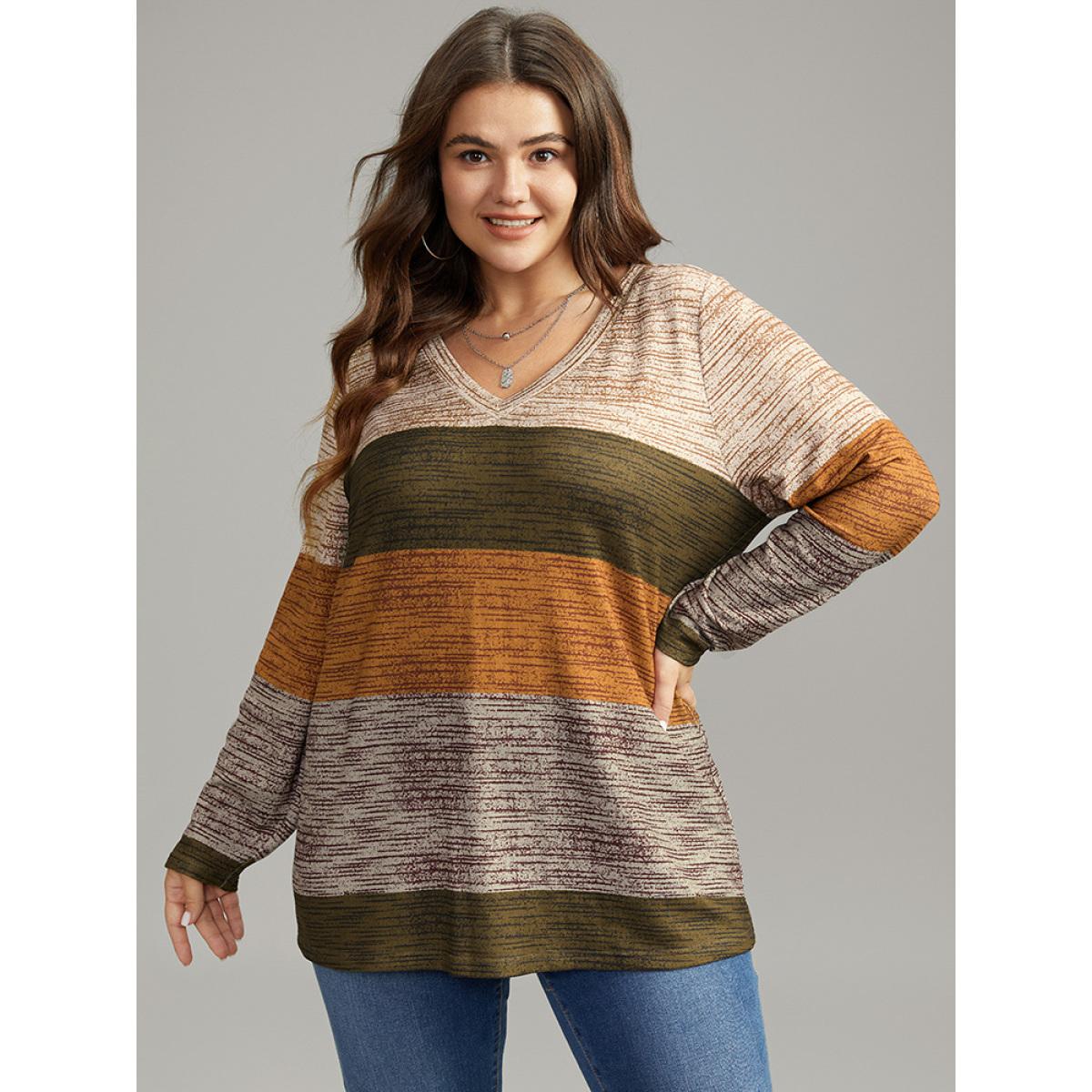 Plus Size Striped Colorblock Contrast V Neck T-shirt Multicolor Women Casual Contrast Colorblock V-neck Everyday T-shirts BloomChic 26/4X Product Image