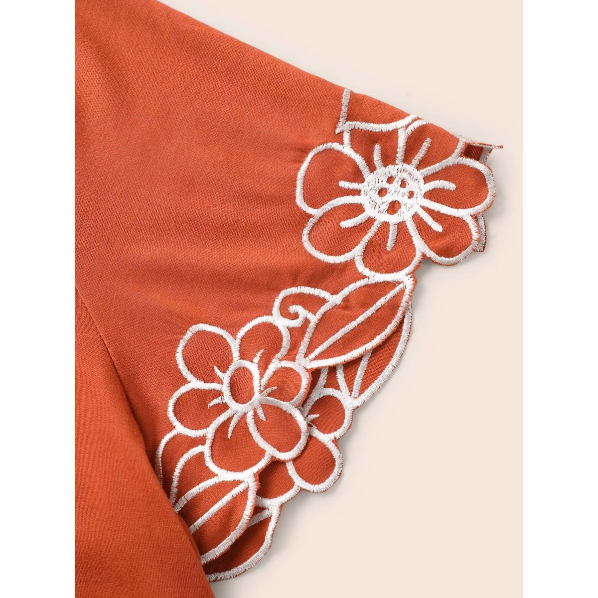 Plus Size V Neck Floral Embroidered T-shirt Rust Women Resort Embroidered V-neck Vacation T-shirts BloomChic 14-16/1X Product Image