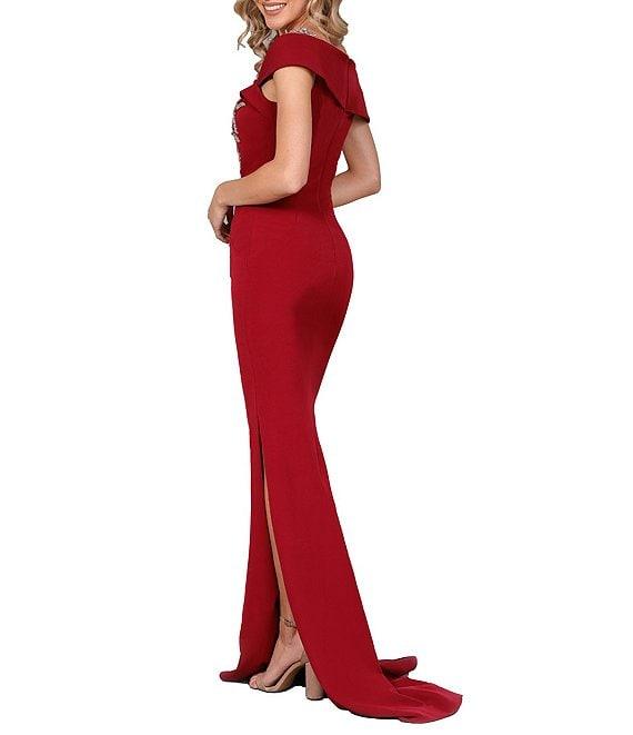 Terani Couture Off-the-Shoulder Short Sleeve Side Slit Cascading Leaf Bead Mermaid Gown Product Image
