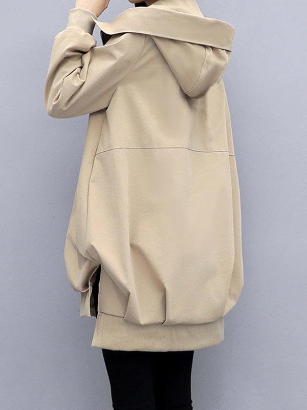 Casual Loose 4 Colors Pleated Zipper Hooded Long Sleeves Outwear Product Image