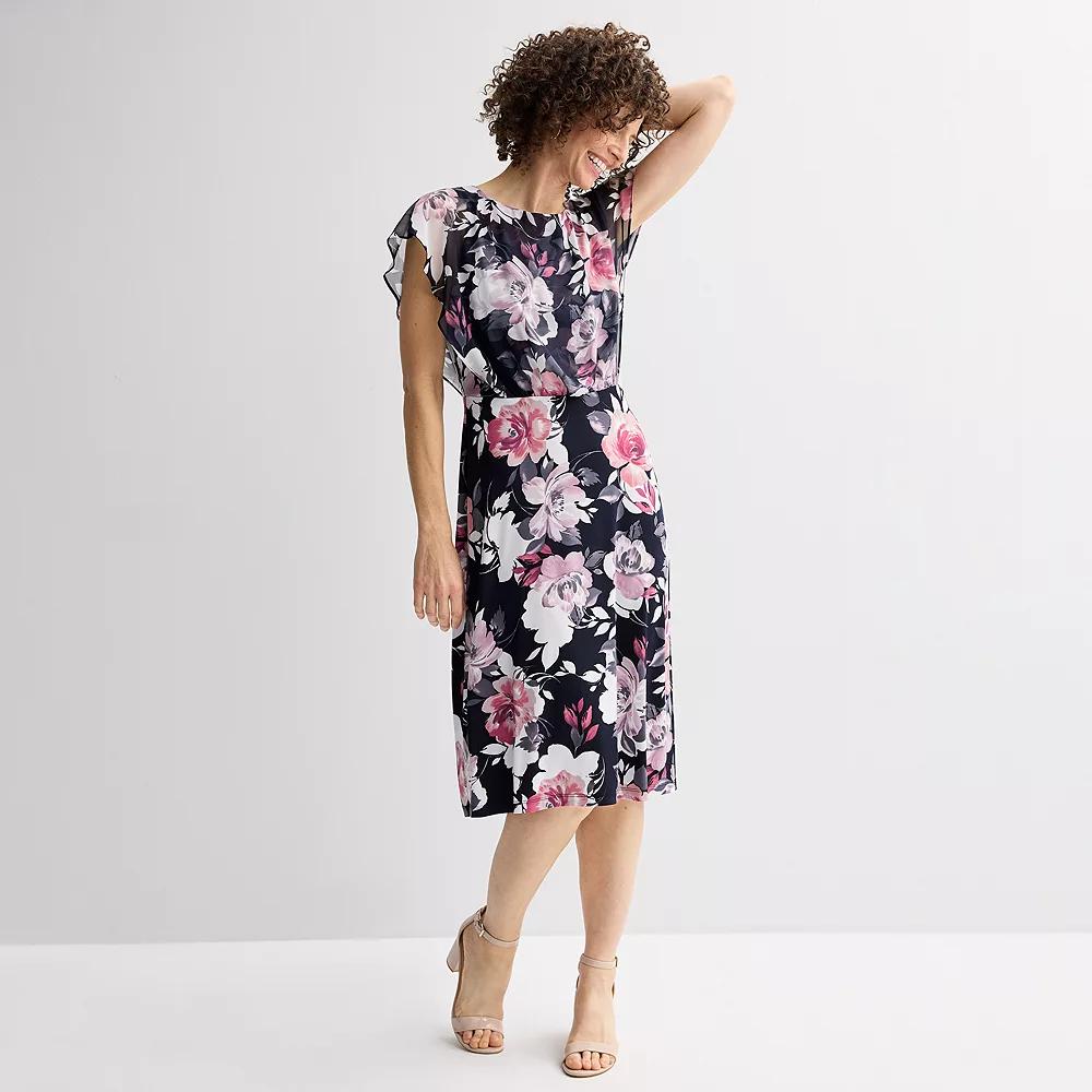 Women's Connected Apparel Printed Sheer Overlay Bib Dress, Size: 4, Navy Pink Product Image