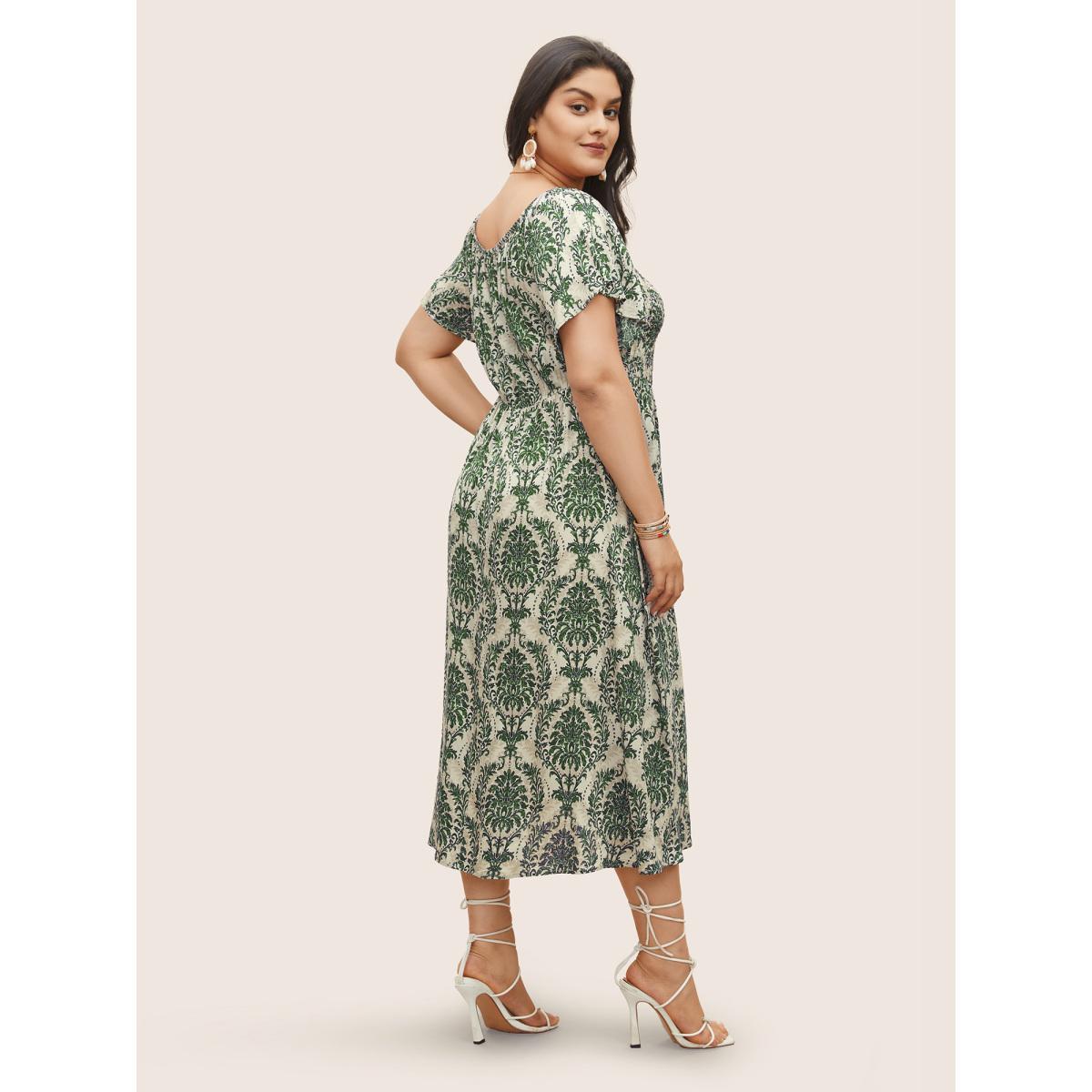 Plus Size Bandana Print Shirred Off Shoulder Dress Moss Women Resort Non One-shoulder neck Short sleeve Curvy Midi Dress BloomChic 12/L Product Image