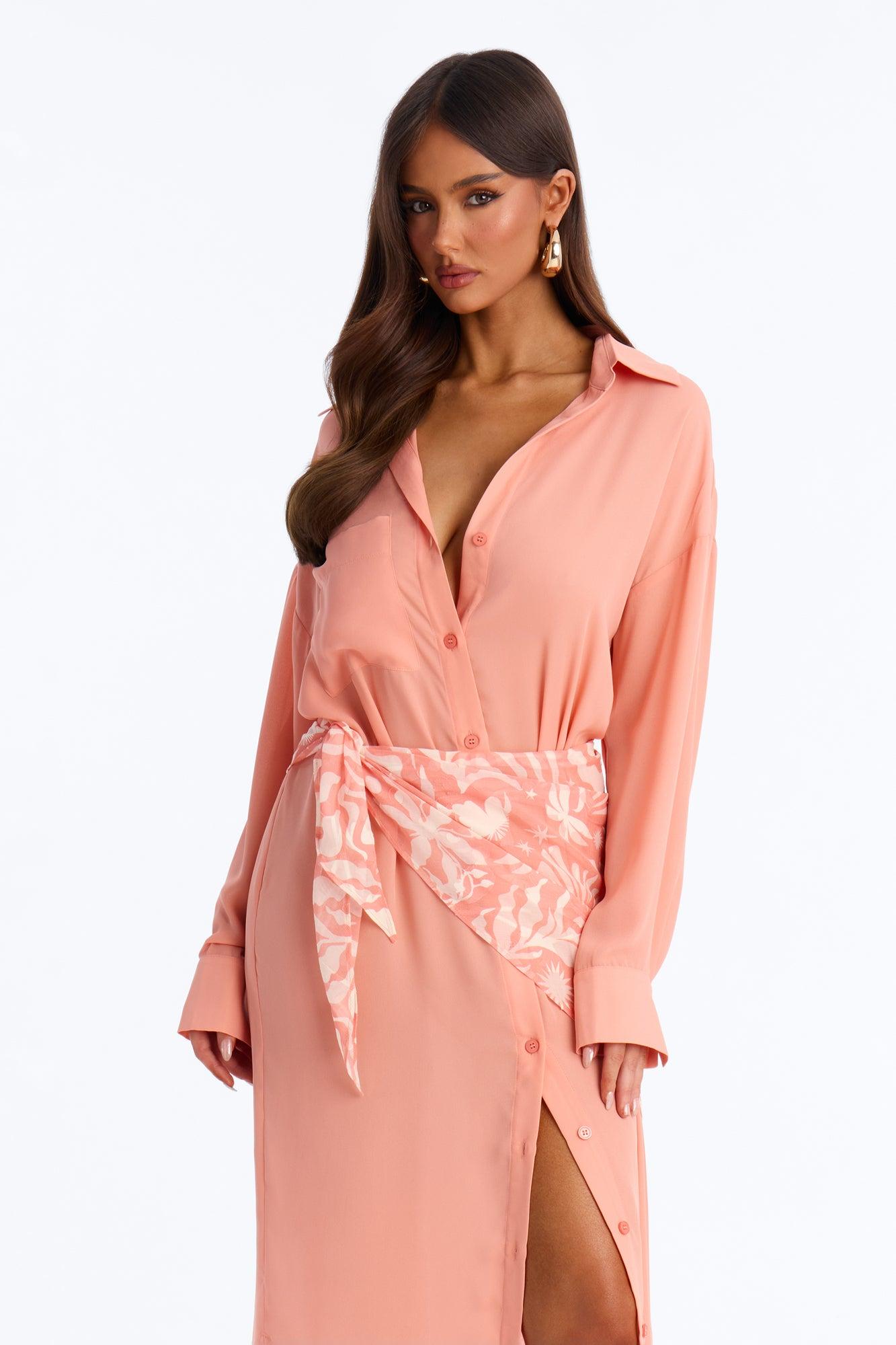 Kaylah Scarf Waist Shirt Maxi Dress - Peach/combo Female Product Image