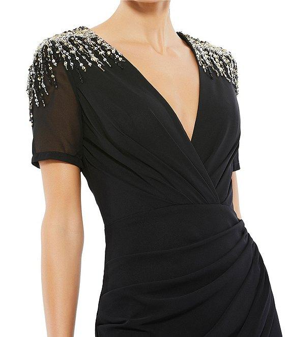 Mac Duggal Beaded V-Neck Short Sleeve Ruched Waist Faux Wrap Chiffon Gown Product Image