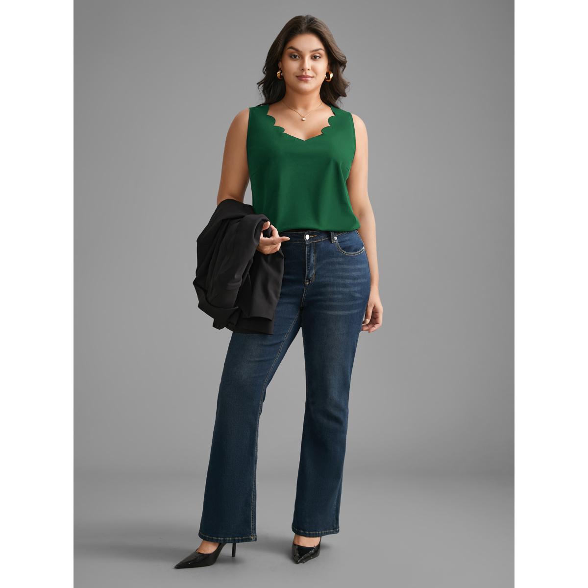 Plus Size Solid V Neck Laser Cut Tank Top Women DarkGreen Timeless Non V-neck Elegant Tank Tops Camis BloomChic 12/L Product Image