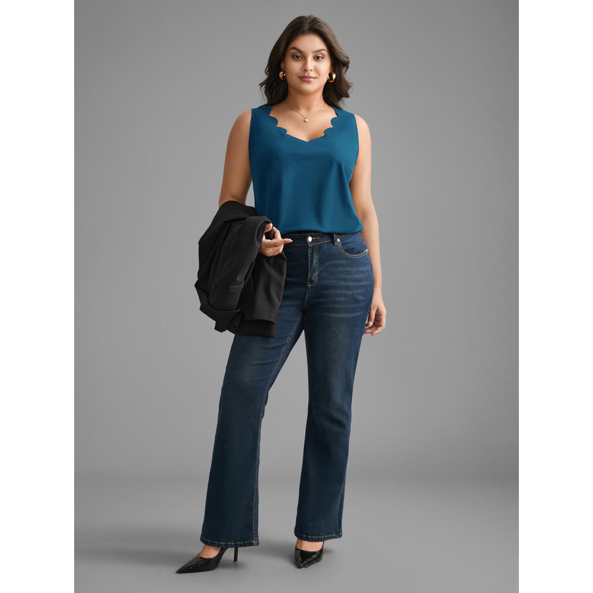 Plus Size Solid V Neck Laser Cut Tank Top Women Aegean Timeless Non V-neck Elegant Tank Tops Camis BloomChic 22-24/3X Product Image