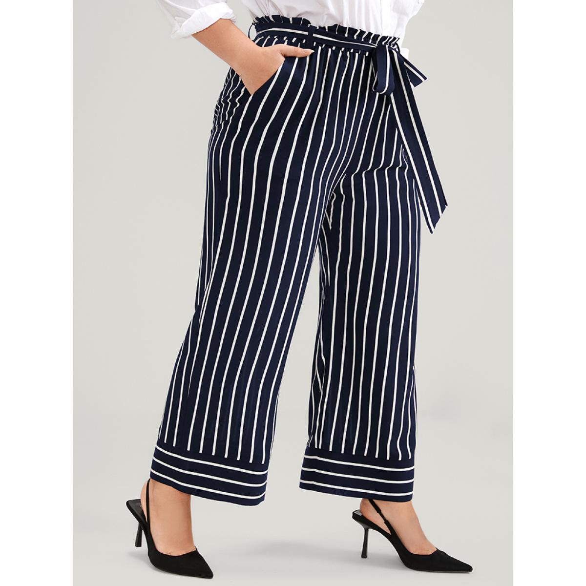 Plus Size Striped Patchwork Pocket Belted Elastic Waist Pants Women Navy Office High Rise Work Pants BloomChic 30/6X Product Image
