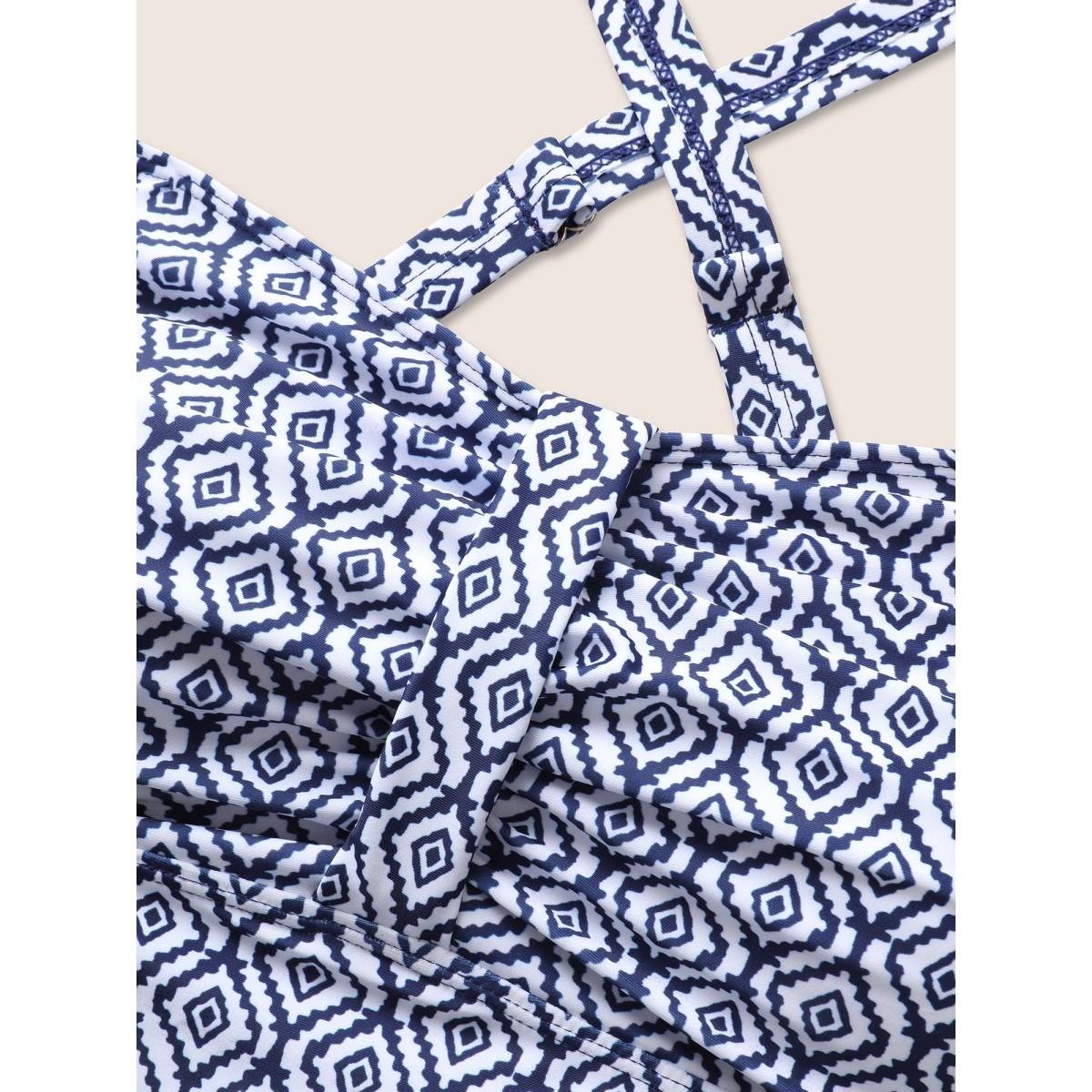 Plus Size Heart Neckline Geometric Ruched Swim Top Women's Swimwear Indigo Beach Gathered High stretch Bodycon Heart neckline Curve Swim Tops BloomChic 22-24/3X Product Image