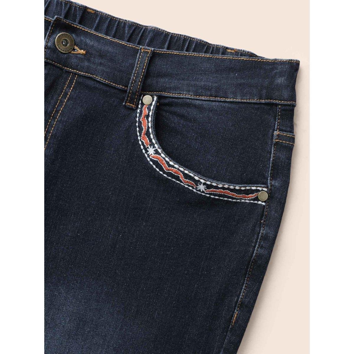 Plus Size Stretch Denim Front Embroided Pockets Flare Jeans Women Darkindigo Casual Embroidered Medium stretch Slanted pocket Jeans BloomChic 10/M Product Image
