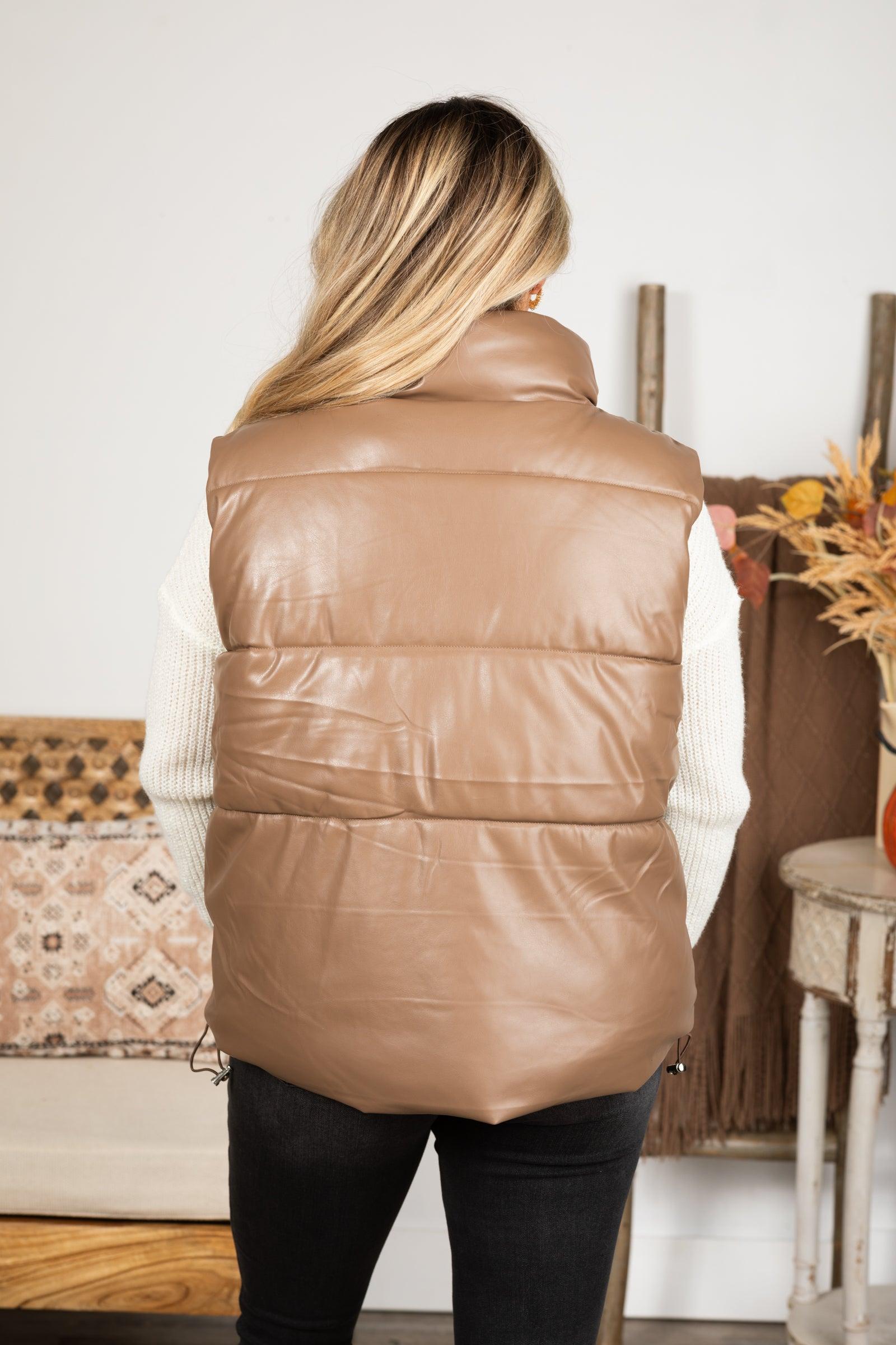 Mocha Faux Leather Puffer Vest Product Image