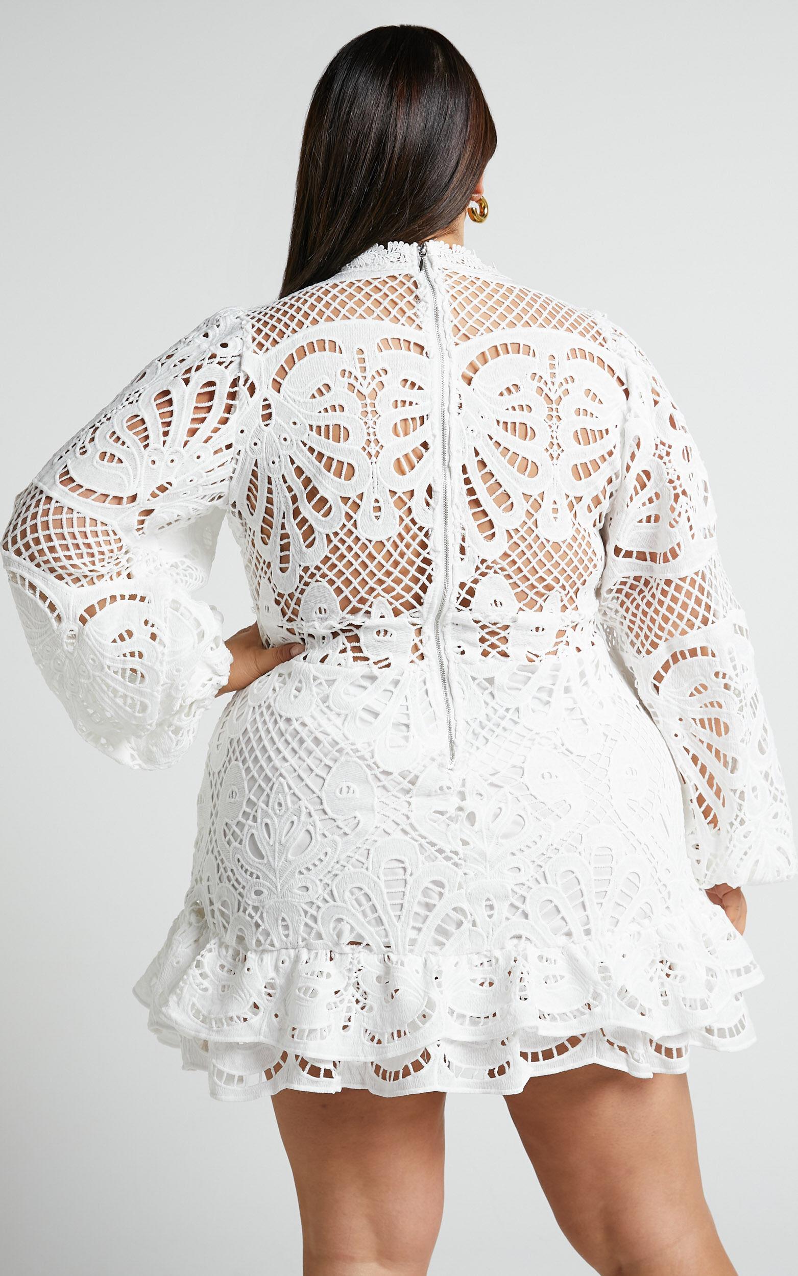 Kiss Me Now Mini Dress - Long Puff Sleeve Dress in White Lace Product Image