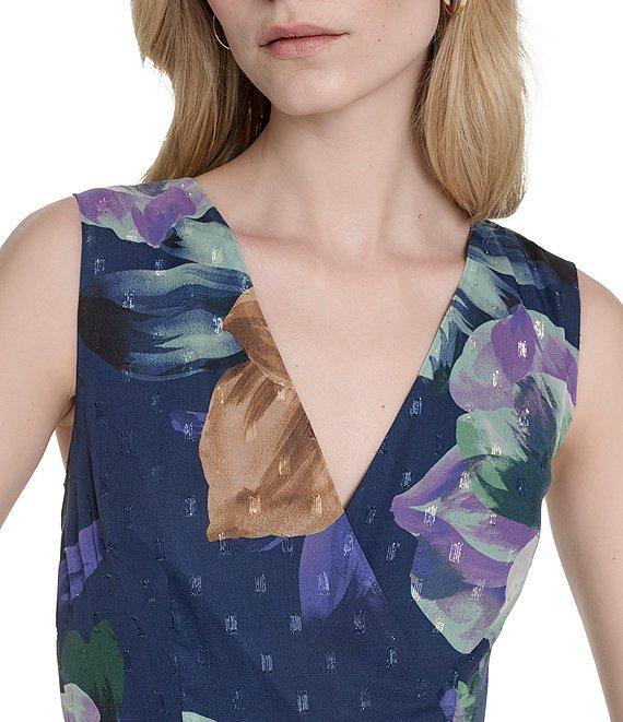 Eliza J V-Neck Sleeveless Floral Print Metallic Clip Dot Chiffon Tiered Maxi Dress Product Image